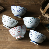 Ensemble de 5 bols à riz en céramique florale japonaise - Bols en porcelaine de 4,5 pouces de couleur assortie pour la soupe, le ramen et les nouilles