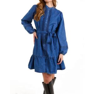 Robe Courte en Jean Boutonnée à Manches Longues et Volants à la Taille pour Femme – Nouvelle Collection Très Demandée - Product Image 1