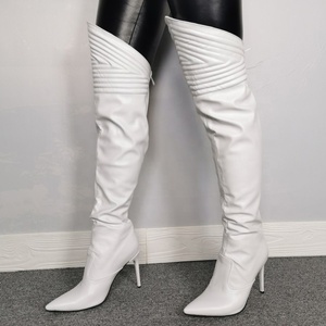 Bottes hautes sexy pour femmes, taille 47, couleur unie, blanches, avec fermeture éclair arrière, talon aiguille, bout pointu, bottes longues jusqu'au cuisse - Product Image 1