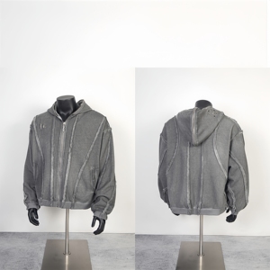 THUG CLUB Sweat à capuche épais délavé à l'acide et vieilli, style Techwear, coupe courte, effet soleil délavé, entièrement zippé, pour homme - Product Image 5