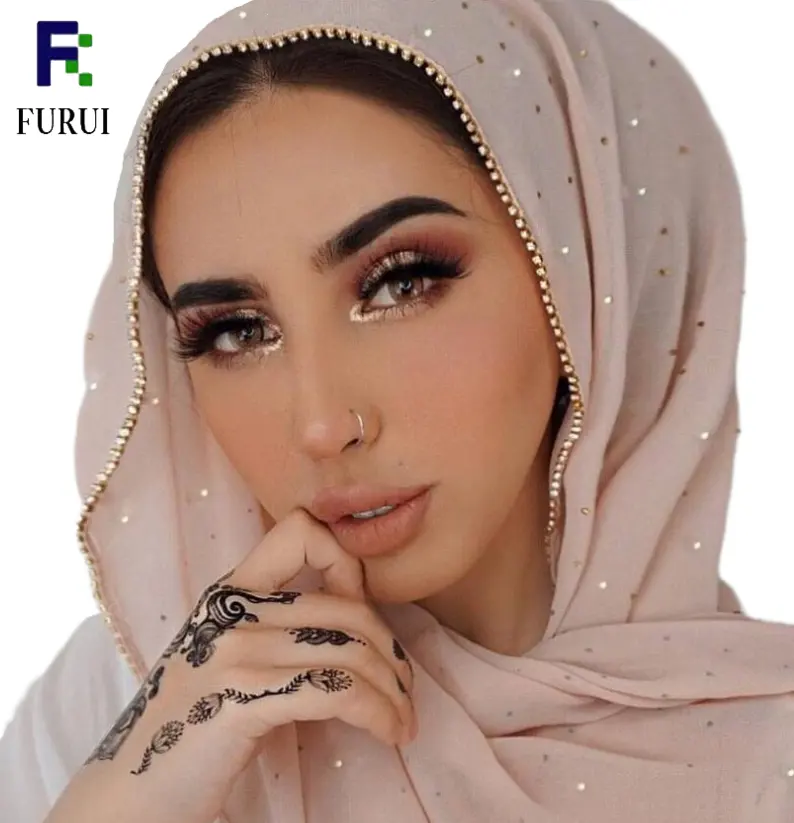 Factory Verkoop Vlakte Chiffon Hijab Met Goud Kralen Vrouwen Glitter Sjaal Vierkante Vlakte Chiffon Hijabs Sjaal