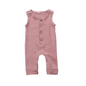 नवजात शिशु seersucker bodysuits लकड़ी बटन बच्चा कपड़े गर्मियों प्यारा बच्चा बिना आस्तीन jumpsuits