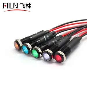 FILN 8Mm Ip67 Lampu Indikator Terpasang Panel, Lampu Pilot Cangkang Logam Hitam Kepala Datar 12V 24V 110V 220V dengan Kabel 20Cm