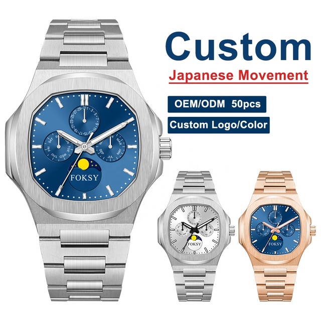 Foksy Wholesale Casual Premium 316L Stainless Steel Case Back Japan Movement Moon Phase Wrist Men Chronograph Watch for Gift