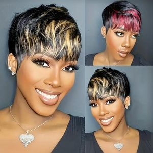 Short <strong>Pixie</strong> Cut Human <strong>Hair</strong> Wig for <strong>Black</strong> Women <strong>Black</strong> and Blonde Color Layered Short <strong>Haircut</strong> Wig Glueless Wig with Bangs - Product Image 2