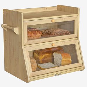 Boîte à pain en bambou double couche avec fenêtre et ventilation pour le rangement sur comptoir de cuisine, couleur chêne - Product Image 5