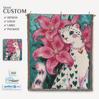 Tapestry dinding rajutan motif leopard floral preppy lucu, bunga lili merah muda, hiasan dinding hewan untuk dekorasi kamar tidur atau studio
