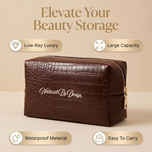 Grande trousse de maquillage en cuir PU à motif crocodile, trousse de toilette de luxe marron pour femmes, trousse de toilette à imprimé crocodile - Product Image 6