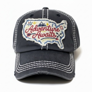 OEM Whole Sale Custom 6 Panel Unstructured Embroidery Applique Logo Washed Cotton Baseball Cap <b>Vintage</b> Worn Out Brim Dad <b>Hat</b> - Product Image 2