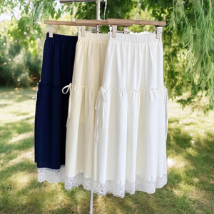 Falda Midi de Gasa con Cintura Elástica y Volantes para Mujer, Estilo A-Line, Holgada, Color Sólido, con Dobladillo de Encaje, Vestido Casual de Verano, Blanco, Azul Marino, Beige - Product Image 2