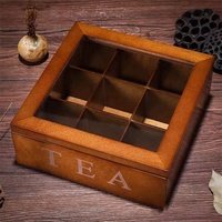 Boîte à thé carrée en bois faite à la main avec 9 compartiments et couvercle en verre articulé Organisateur de thé décoratif pour la décoration de la maison