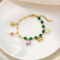 Bracelet en acier inoxydable avec perles de malachite, plaqué or 18 carats, avec fleur et papillon en émail, résistant au ternissement, pour femme, cadeau