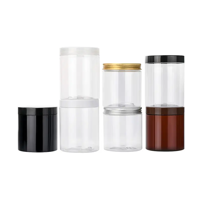 Bán Buôn Thực Phẩm Lớp 100G 120G 150G 200G 250G 300G 400G 500G Hổ Phách Rõ Ràng Nhựa PET Jar Jar Với Nhôm Vít Nắp Nhựa