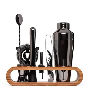 Set Black Bar Cocktail Shaker Set dengan Sandaran Bambu Bergaya dengan Alat Bar Senapan Logam