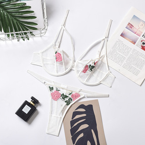 Ins 2 Stuk Pc Hot Sexy Femininas Kant Tule Polka Dot Mesh Bralette Rose Bloemen Geborduurde String Lingerie Set Voor Vrouwen - Product Image 4