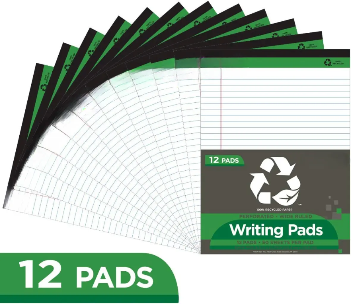 Legal Pads Made from Recycled Paper A5 Size 8.5"x11.75" Wide Ruled 50 Sheets Perforated Write Pad White Pack of 12 Pads