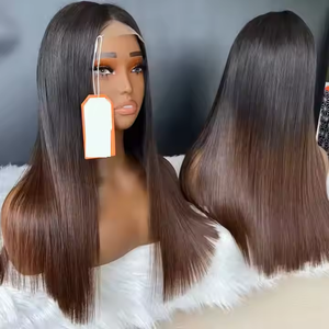 Parrucca Economica con Frontale in Pizzo, <span class=keywords><strong>Capelli</strong></span> Vietnamiti Grezzi, Colore Ombré Marrone-Caffè, Chiusura 5x5, Parrucche Lisce Yaki per Donne di Colore - Product Image 1