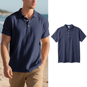 Men's Summer Tops Short-Sleeved Linen <b>Shirts</b> <b>Half</b>-<b>Button</b> Loose Breathable Casual <b>Shirt</b> with Lapel Collar - Product Image 3