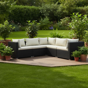 Ensemble de salon de jardin en rotin noir crème 6 places, mobilier d'extérieur contemporain résistant aux intempéries - Product Image 2