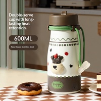 Mignonne tasse isotherme à motif de dessin animé, avec doublure intérieure en acier inoxydable, grande capacité, pour étudiants, isolation thermique de 6 à 12 heures, avec sangle et paille