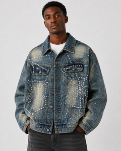 Veste en jean OEM pour femme, personnalisée, délavée vert, effet soleil, ornée de cristaux, style vintage, coupe oversize pour <span class=keywords><strong>homme</strong></span> - Product Image 3