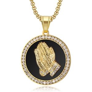 Collier pendentif main de prière Hip Hop en acier inoxydable plaqué or avec micro-incrustations de zircon, bijou unisexe, cadeau - Product Image 1