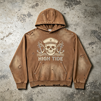Sweat-shirt à capuche épais délavé style vintage avec imprimé graphique Crâne Capitaine, marron, effet vieilli et pulvérisé, streetwear