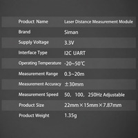 Module de capteur de distance laser DToF Siman SDAM 20m UART I2C 250Hz 905nm Classe 1 3.3V 1.35g pour robotisation et automatisation industrielle