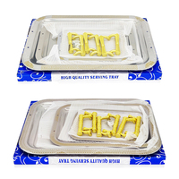 Vente en gros de plateaux de service rectangulaires en acier inoxydable de style arabe, décoratifs et luxueux, pour hôtel, ensemble de 3 pièces avec poignée
