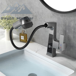 Robinet de lavabo de salle de bain moderne Wayon en alliage de cuivre gris bronze avec affichage numérique extractible - Product Image 1