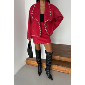 Conjunto de Chaqueta Corta de Lana Roja con Pespunte de Pastor y Falda Corta, Talla XL, Corte Holgado, Traje Formal de Dos Piezas, Nuevas Llegadas - Product Image 5