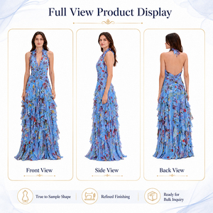 Abito da sera da donna all'ingrosso con stampa floreale, scollo all'americana, blu, a strati, in chiffon con volant, per <span class=keywords><strong>ballo</strong></span> <span class=keywords><strong>di</strong></span> <span class=keywords><strong>fine</strong></span> <span class=keywords><strong>anno</strong></span>, feste e resort - Product Image 4