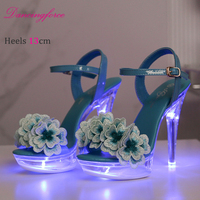 Sandal Wanita Musim Panas Baru 13cm Hiasan Bunga, Hak Stiletto Seksi, Tali Gesper, Menyala