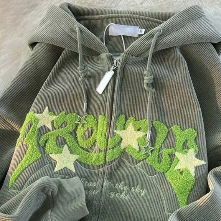 Plus Size Aangepaste Chenille Star Logo Capuchon Zip Up Drop Sweatshirt Hoodie Man Corduroy Heren Hoodie