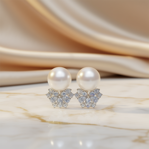 Orecchini a perno in oro bianco con perle, design floreale con diamanti taglio marquise, montatura a griffe, perle imitate, gioielli classici da donna per matrimonio - Product Image 2