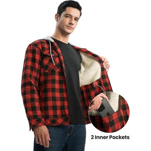 Rdruko Veste en flanelle à carreaux pour homme, manteau chaud d'hiver à capuche doublé de sherpa avec fermeture éclair - Product Image 6