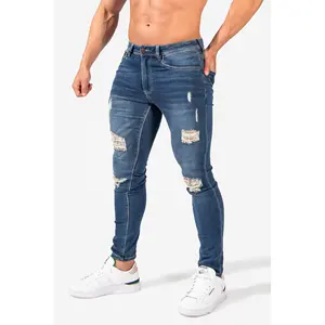 Pantalones de correr personalizados para hombre, jeans clásicos elásticos de tela lavada para fitness y exteriores, venta al por mayor