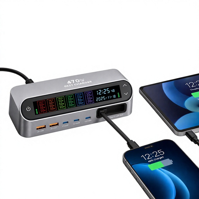6 in 1 470W Multi Port Charging Hub 140W PD 3.1 Power Supply with Retractable Cable LED Screen for iPad for iPhone for Laptop