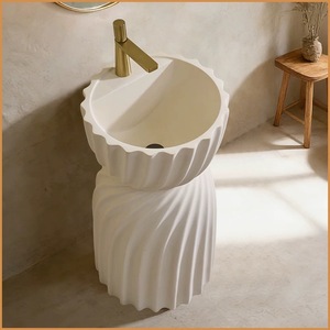 อ่างล้างหน้าแบบตั้งพื้นทรงโค้งวับบิซาบิ พร้อมฐานรองแบบมีร่อง ผลิตจากหินสังเคราะห์คุณภาพสูง ดีไซน์หรูหรา เหมาะสำหรับห้องน้ำ - Product Image 3