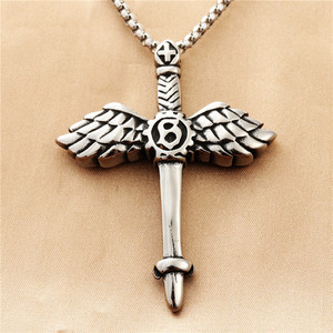 <b>Cross</b> Pendant Necklace Stainless Steel Men's Angel Wings Sword Design Punk Retro Style Fashion Jewelry - Product Image 1