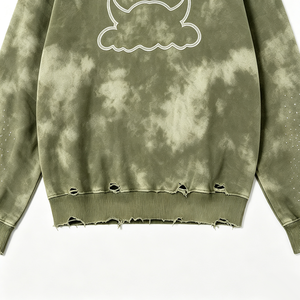 T-shirt streetwear à col rond avec broderie motif nuage et corne, manches à effet éparpillé, ourlet effiloché et déchiré, orné de strass - Product Image 3