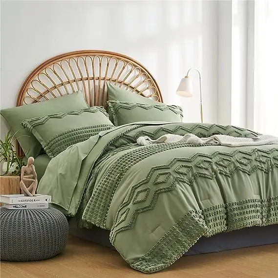 Tufted Comforter thiết lập Vua Kích thước 7 mảnh, tồi tàn Chic Boho Comforter và tấm thiết lập, Pom Pom kết cấu giường thiết lập, tất cả các mùa mềm MICR
