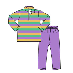 BLP1416 Ensemble de vêtements pour bébé garçon personnalisé, style western, imprimé rayures violettes, vertes et jaunes, tenues d'été, vente en gros, ensemble de Mardi Gras - Product Image 4