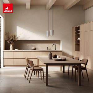 Armoires de cuisine en chêne blanc de style minimaliste Alland, avec îlot de cuisine et plan de travail en <span class=keywords><strong>dalle</strong></span> naturelle lisse - Product Image 2