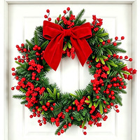 Grande couronne de Noël américaine en aiguilles de pin, eucalyptus et baies rouges, avec nœud en velours, ornement suspendu pour porte et fenêtre, accessoire de décoration