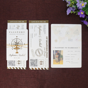 Invitation de passeport en feuille <span class=keywords><strong>d</strong></span>'or blanc de style Ins personnalisé de haute qualité avec <span class=keywords><strong>carte</strong></span> <span class=keywords><strong>d</strong></span>'<span class=keywords><strong>embarquement</strong></span> et avion en métal pour un événement de fête de <span class=keywords><strong>mariage</strong></span> - Product Image 3