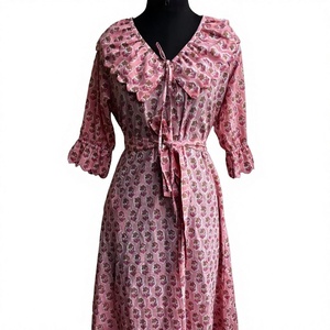 Vestido Indio Estampado a Mano 100% Algodón para Verano/Otoño, Rosa, Largo hasta la Rodilla, Diseño Floral, Cintura Natural, Ecológico y Transpirable - Product Image 1