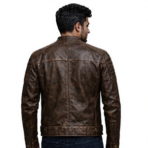 Veste moto en cuir d'agneau véritable marron pour homme, imperméable, respirante, col rond, coupe classique, style hiver, logo sur le devant - Product Image 2