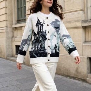 Sweater <span class=keywords><strong>Cardigan</strong></span> Halloween Wanita Motif Hantu Oversized Drop Shoulder Kancing Depan Bergaris Lengan Panjang Pakaian Luar Musim Gugur - Product Image 3