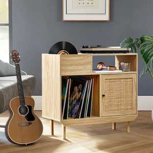 AJUNION Support de tourne-disque <span class=keywords><strong>vintage</strong></span> Table de rangement en bois pour disques vinyles avec porte en rotin - Product Image 6